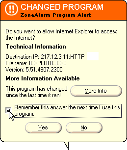 ZoneAlarm, fentre de demande d'autorisation d'accs  internet