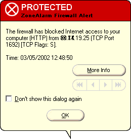 ZoneAlarm, blocage d'un paquet de données suspect